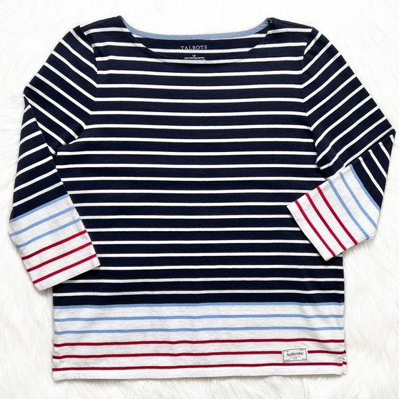 Talbots Nautical 3/4 Sleeve Boatneck Tee, Navy Blue Red White Striped , Petite - Picture 8 of 10